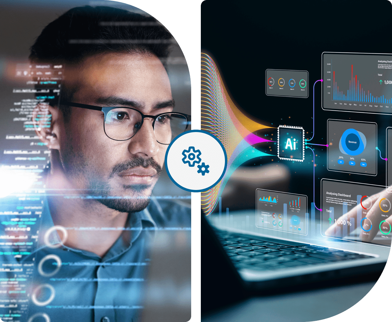 A person with glasses looks at code; on the right, a laptop screen displays AI and data analytics visuals, symbolizing technology integration and reflecting a philosophy of data ownership.